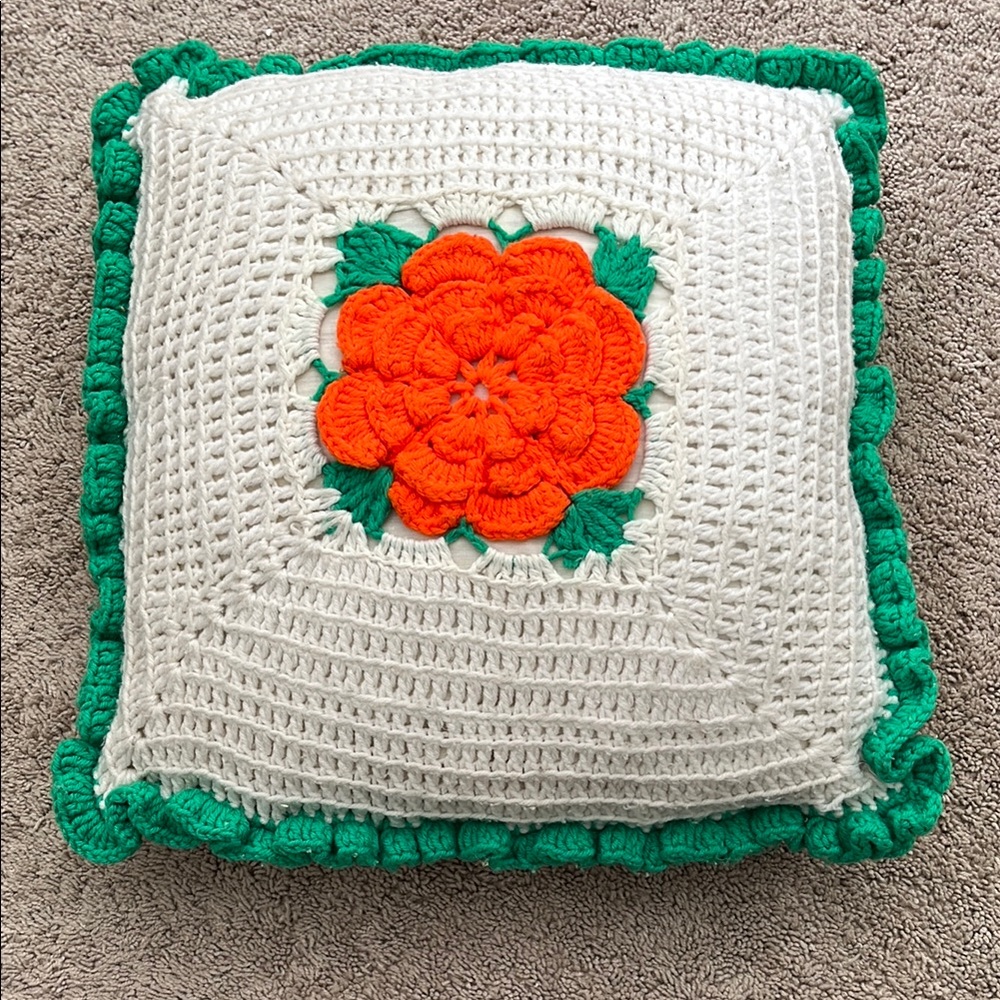Handmade Crochet Pillow with Orange Floral Design